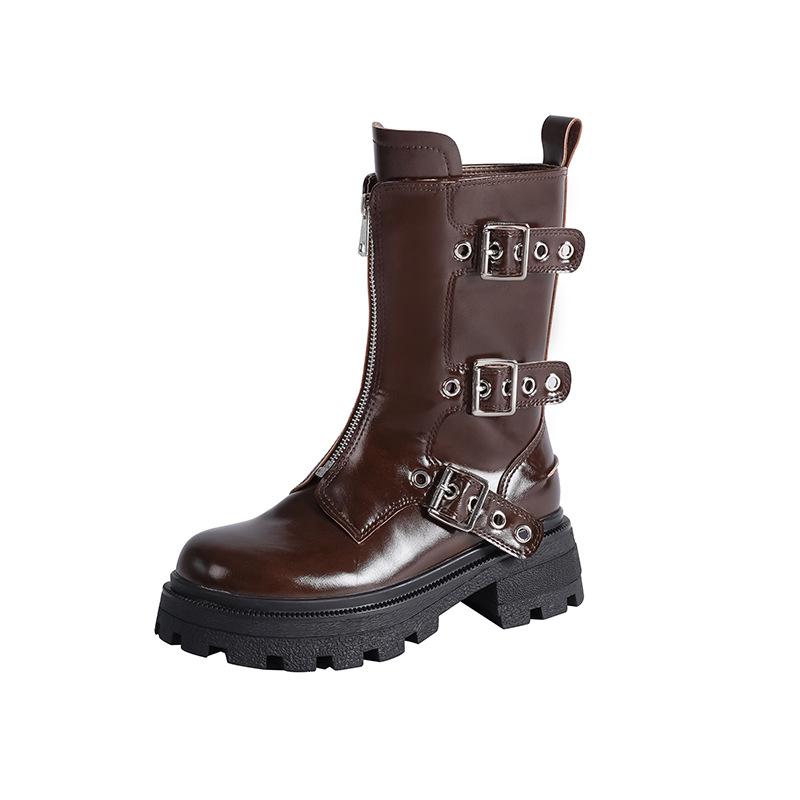 Модные ботильоны из кожи на массивном каблуке с заклепками Женские Осенне-зимние Ботинки Панк Мотоциклетные Ботинки Обувь на высокой платформе