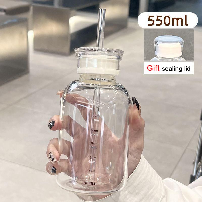 550-750 мл большая емкость стеклянная бутылка для воды с маркером времени прозрачная стеклянная чашка для сока молока с крышкой и трубочкой бутылка для питья