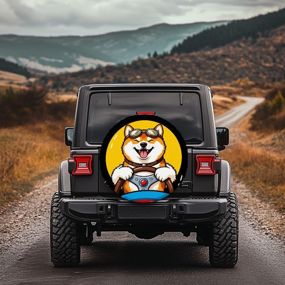 Shiba Inu Driver Spare Tire Cover Cartoon Dog Graphic Polyester Wheel Protector