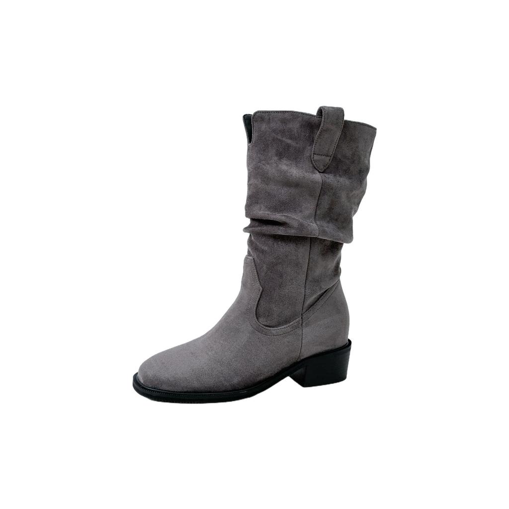 Height increase CM Maillard suede short knight boots women's early autumn new Korean pleated thick heel western boots