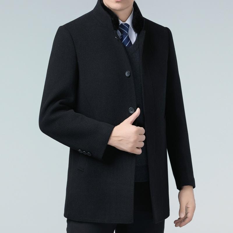 High-end Cashmere Coat for Men, Medium-length Double-sided Woolen Mink Stand-up Collar, Down Bile Business Middle-aged Dad Winter Coat