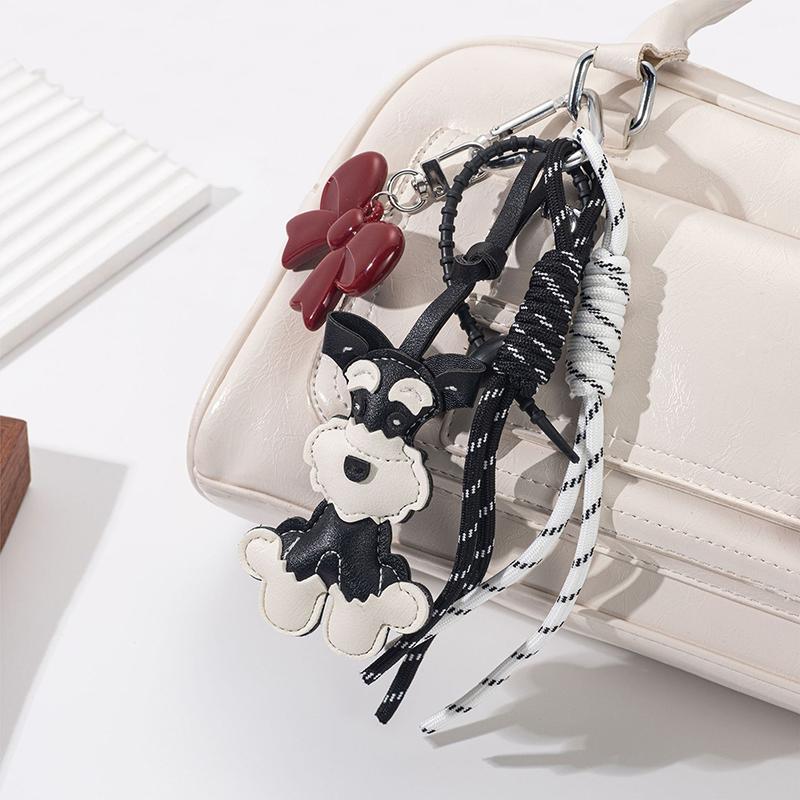 Women Cute Animal Schnauzer PU Leather Puppy Backpack Pendant Woven Rope Backpack Hanging Pendant Bags Accessories