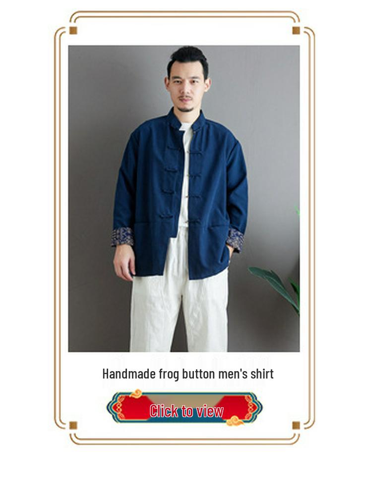 Мужская осенняя рубашка ханьфу из рами: Свободная повседневная верхняя одежда в китайском стиле со стойкой и застежками-лягушками
