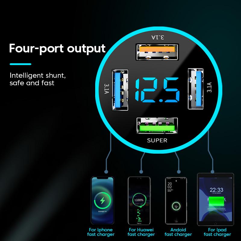 66W 4 USB Car Charger Digital Display Fast Charging Mobile Phone Car Adapter Quick Charge 3.0 For iphone Xiaomi Huawei Samsung