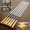 6PCS Stainless Steel Skewers Flat BBQ Sticks Metal Kebab Skewers with Wooden Handle Outdoor Grill Tools Barbecue Accessories