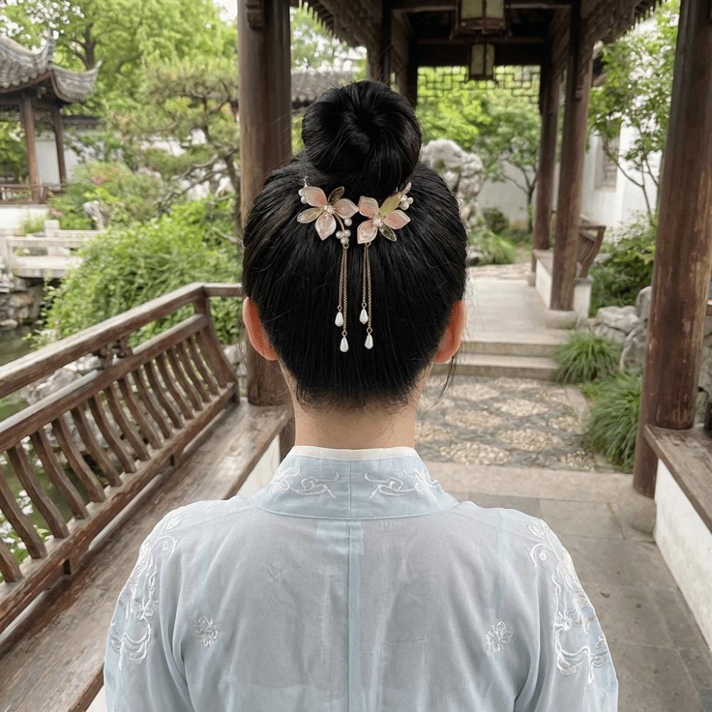 Pink Peach Blossom Bun Hairpin Imitation Pearl Round Bun Ponytail Holder Women Girls