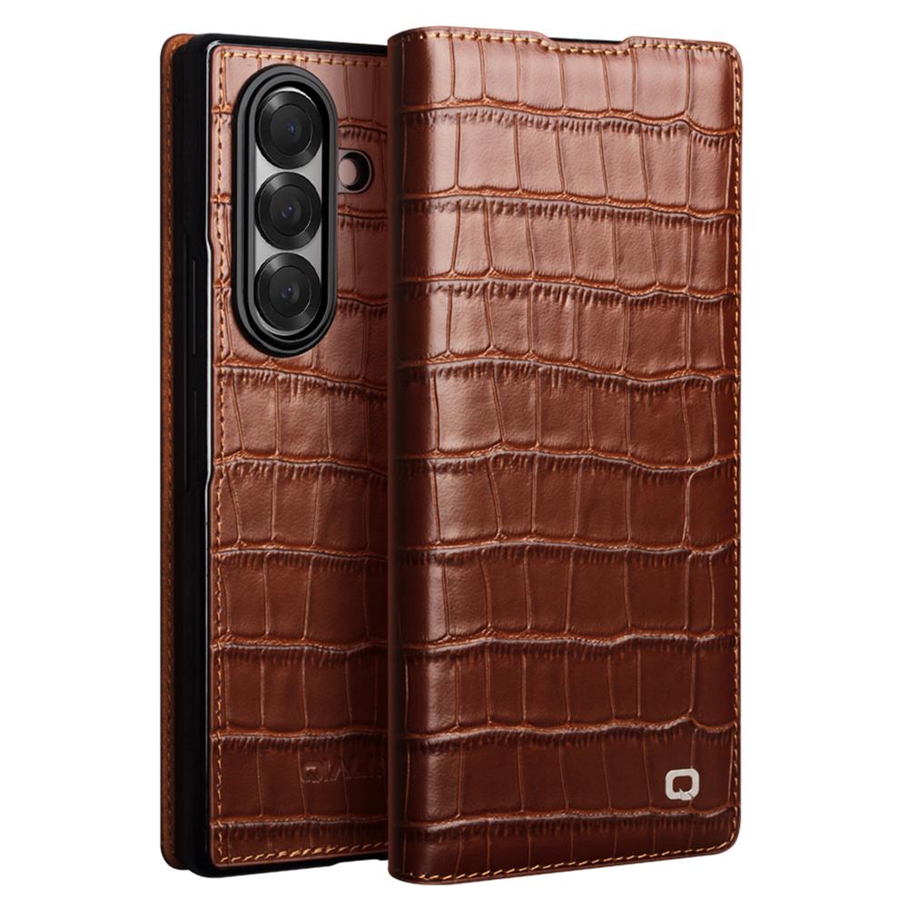 QIALINO For Samsung Galaxy Z Fold7 5G Case Crocodile Texture Genuine Cow Leather Flip Phone Cover