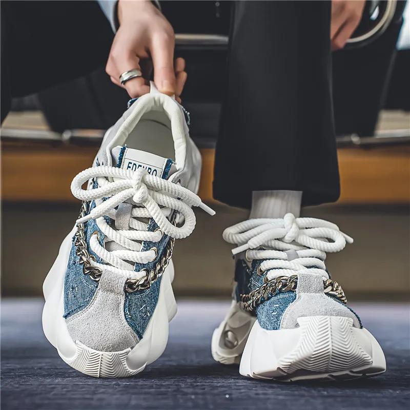 Спортивные кроссовки для мужчин на платформе, повседневные, модные, с металлической цепочкой, удобные, со шнуровкой, мужские кроссовки для бега