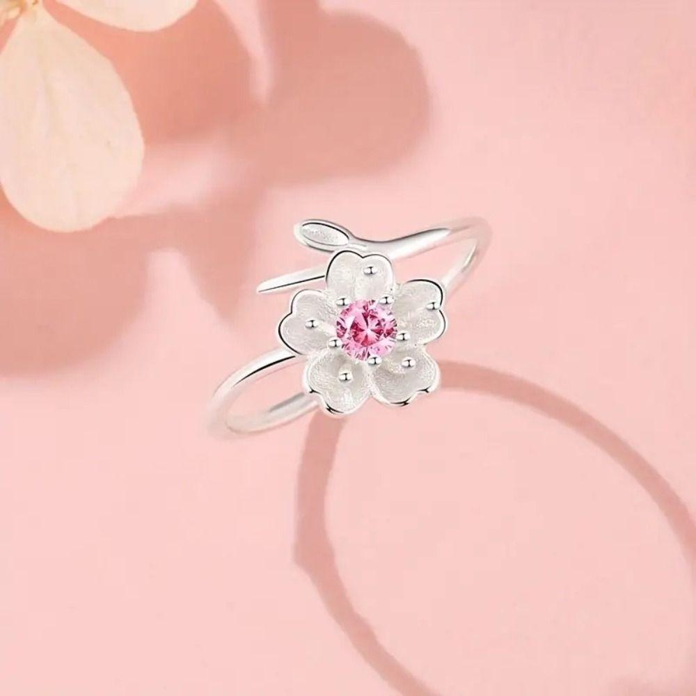 Pink Rhinestone Open Finger Ring Light Luxury Cherry Blossom Finger Ring Birthday Gift