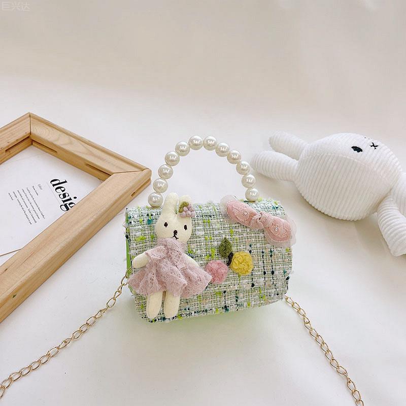 Fashionable Mini Children's Cotton And Linen Bag With Cute Rabbit And Pearl Accessories