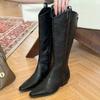 Женские сапоги до колена, брендовые модные кожаные туфли с острым носком и средним каблуком, зимняя трендовая обувь 2025 года в готическом стиле, туфли-лодочки Chelsea Party Botas Mujer