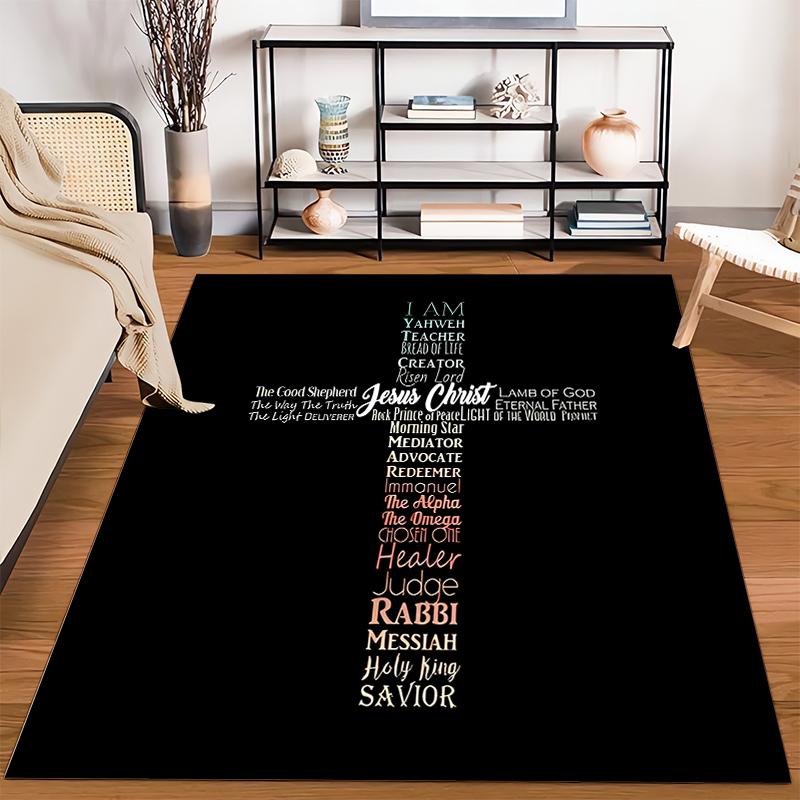 Christian Cross Word Art Non-slip Rug Non-slip rug suitable for living room and bedroom sofas.