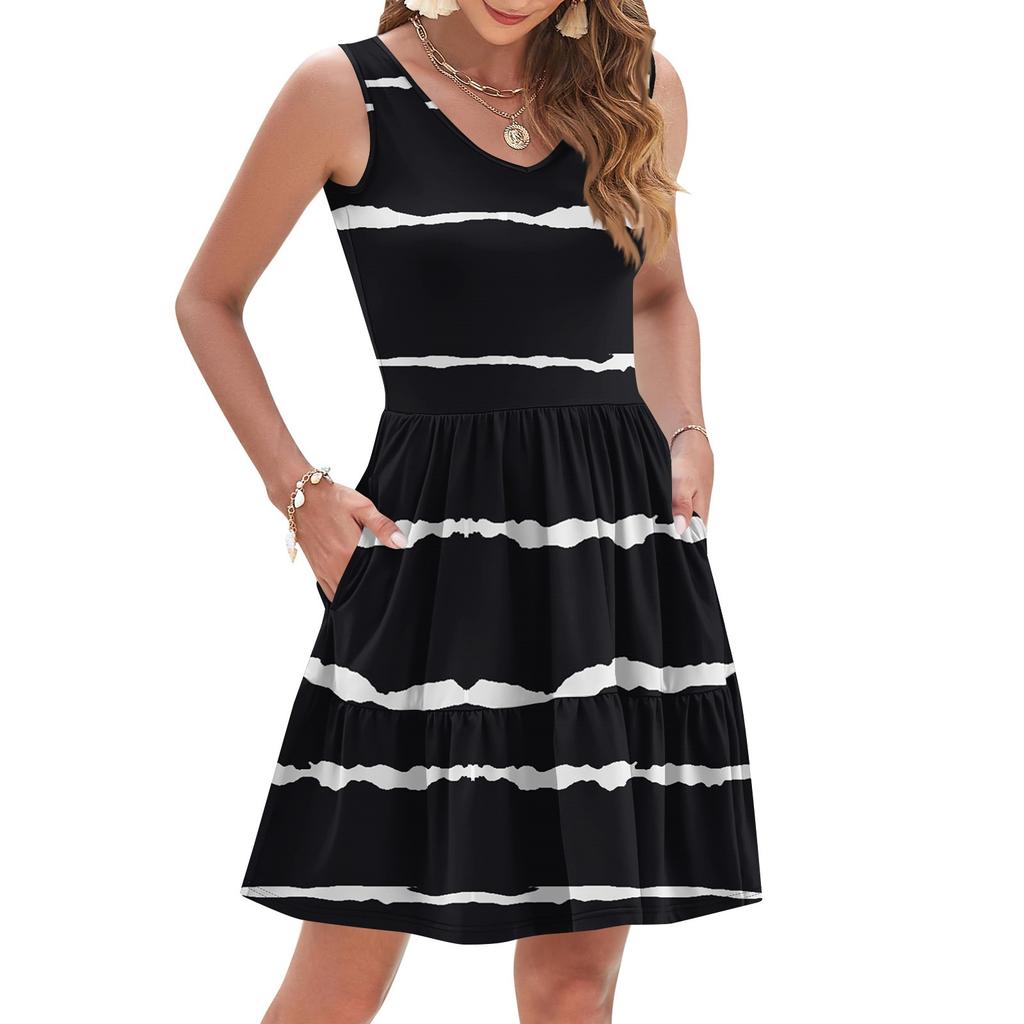 Women's Summer Fashion Casual V-neck Pleated Patchwork Striped Print Sleeveless Pocket Vest Dress