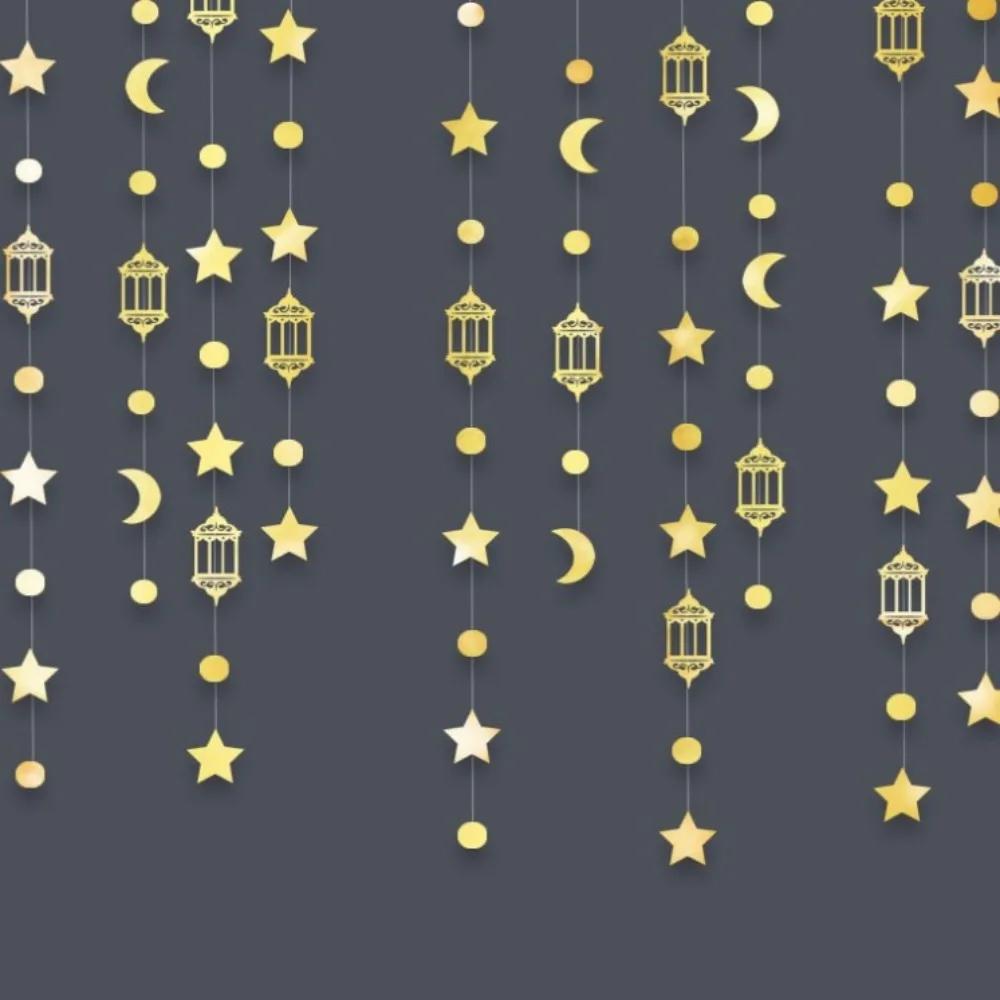 Gold Silver Eid Mubarak Banners Glitter Paper DIY Paper Star Moon Lantern Ceiling Hanging Pull Flag Hang Garland