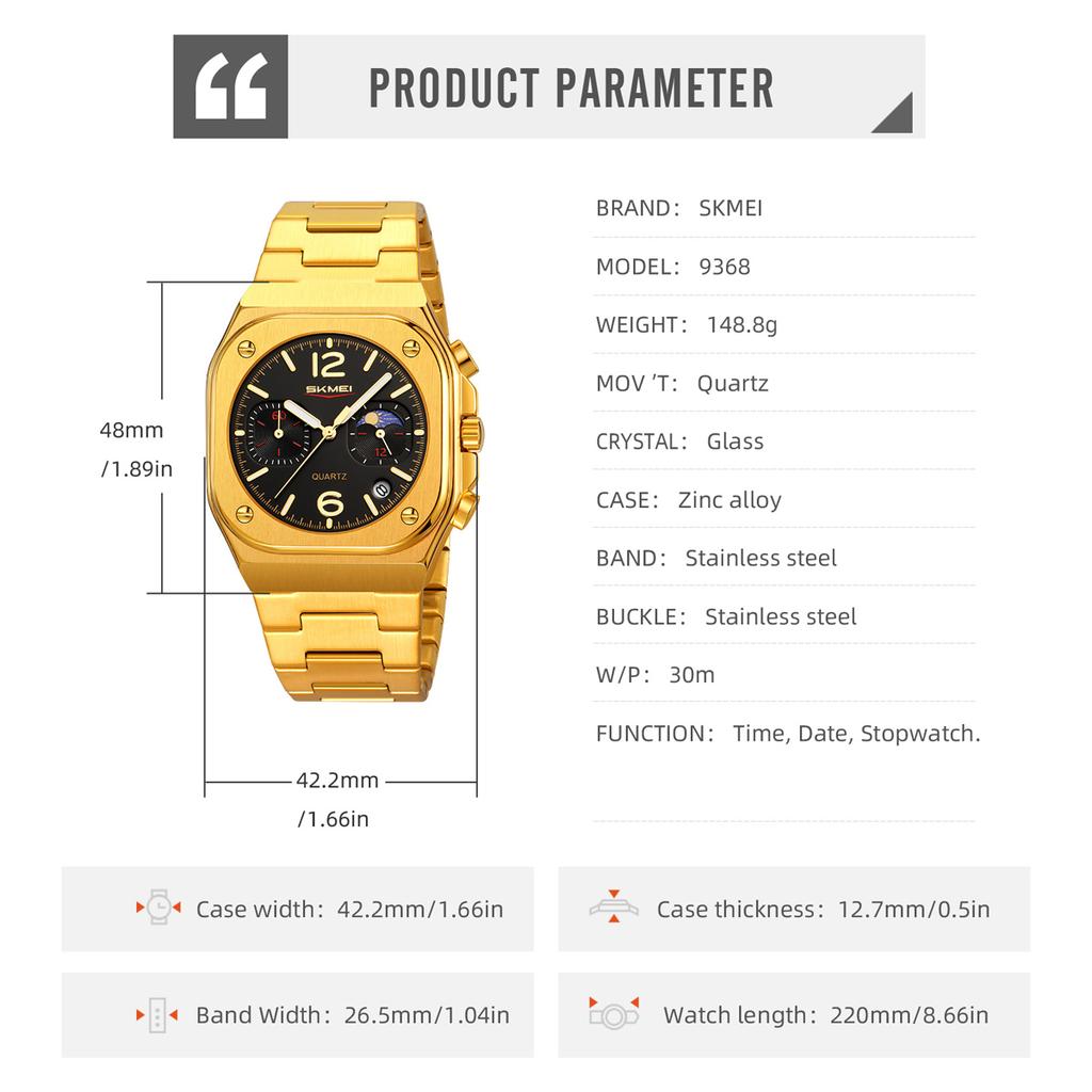 Skmei New Design Quartz Wristwatches Men Golden Stainless Steel Watch Date Functions Luxury Clock Man