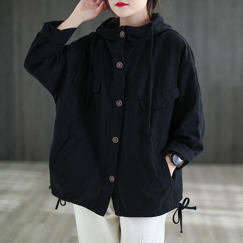 Весна Осень Женские Куртки Большого Размера Оверсайз Куртка с Капюшоном Хлопок Черное Пальто Пальто Красный Черный