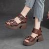 Genuine Leather Peep Toe High Heel Sandals Women Retro Comfortable Breathable Thick Sole Shoes