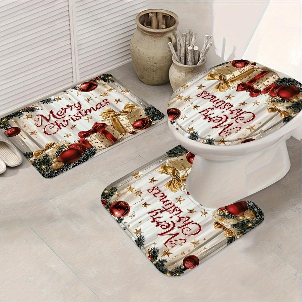 4Pcs Bathroom Shower Curtain SetMerry ChristmasPattern Bathroom Curtain With 12 Hooks Non Slip Rugs Toilet Cover Mat Bathroom Partition