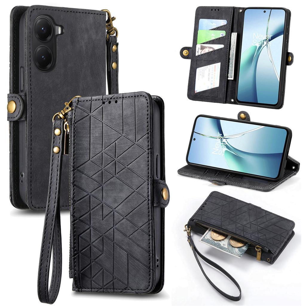 For Xiaomi Poco X7 Pro 5G Zipper Wallet Case Geometry Lines Leather Phone Cover with Strap