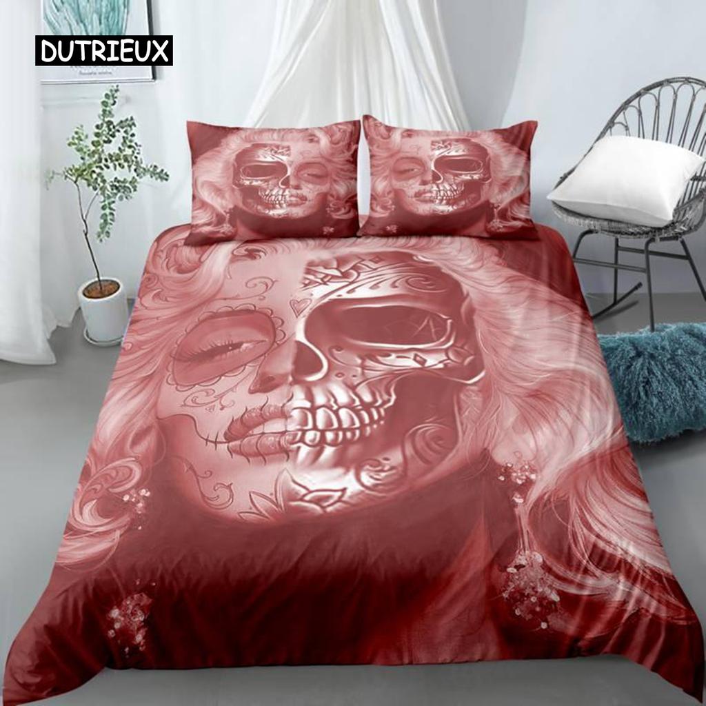 Skull Duvet Cover Set Queen Black Skeleton Paisley Floral Pattern Bedding Set for Teen Adult Polyester Halloween Comforter Cover