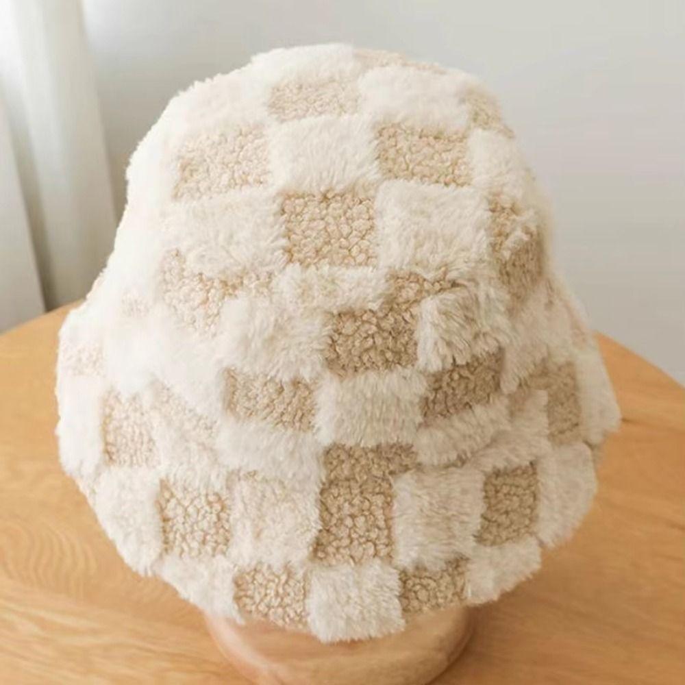 Faux Fur Winter Fisherman Hat Plaid Checkered Lamb Wool Fisherman's Hat  Autumn Winter