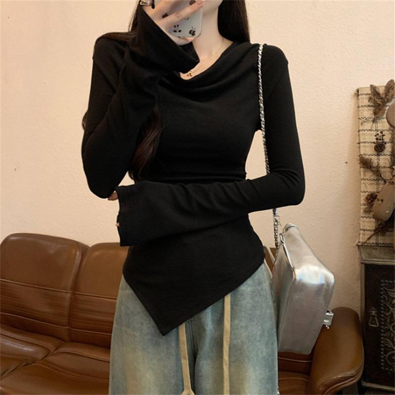 Женская сезонная базовая футболка с одним открытым плечом, однотонная, с длинными рукавами, приталенная, в стиле Spice Girl, хлопковый топ