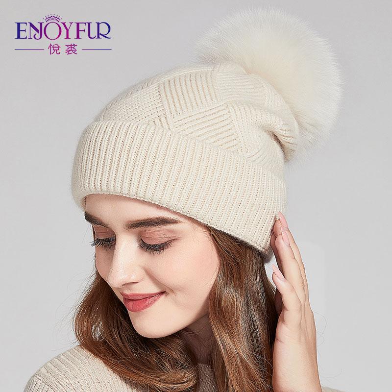 Мягкие зимние шапки ENJOYFUR для женщин, шапка с помпоном из натурального меха, теплые шерстяные шапки с напуском для женщин, модные женские шапки Skullies