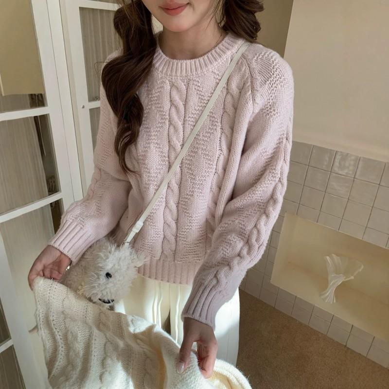 Soft Knit Sweater Women Fall Winter Loose Fit Round Neck Cable Pullover In Pastel Colors