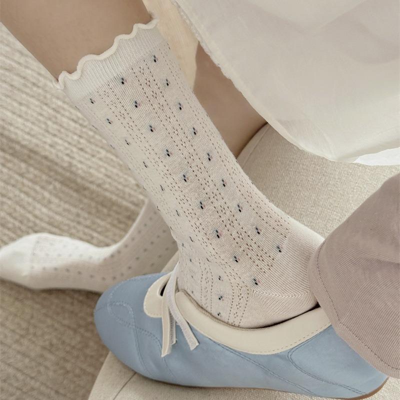 Женские весенне-летние тонкие дышащие сетчатые носки-гольфы без косточек Юэцзы с мелким цветочным принтом и отделкой «деревянное ушко»