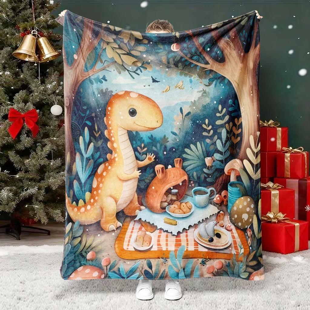 Forest picnic with dinosaurs Flannel printed blanket suitable for all seasons suitable for living room office sofa and travel