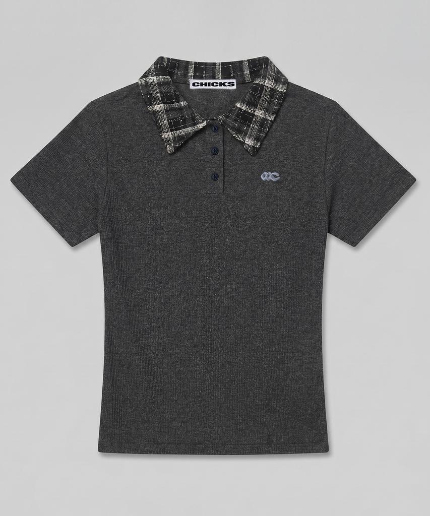 CHICKS Check Point Collared Short Sleeve T-Shirt Charcoal