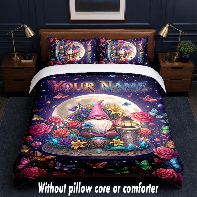 Gnome Theme Custom Text Or Name 3Pcs Bedding Set,1 Flat Sheet & 2 Pillowcases Personalized Home Bedding