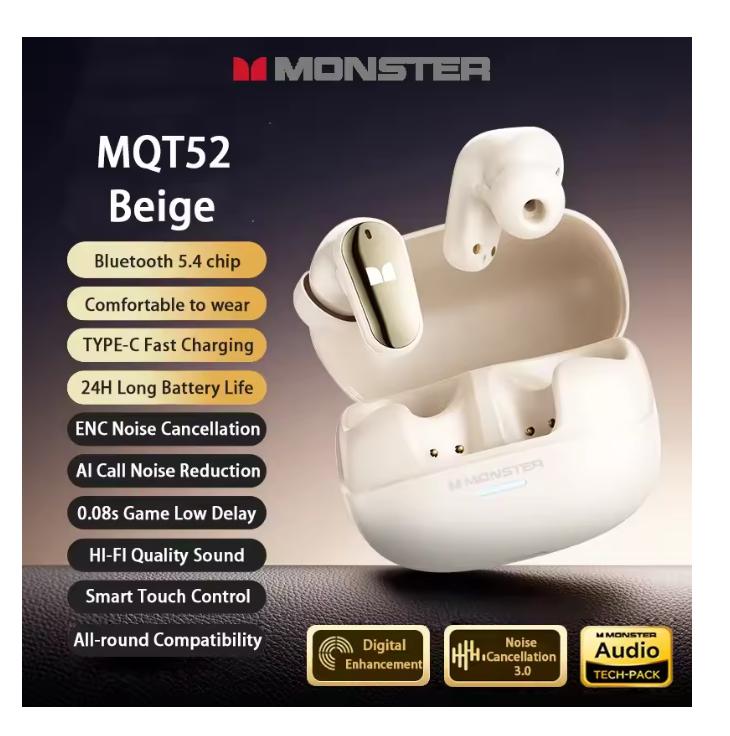 2025  New Monster MQT52 TWS Wireless Bluetooth 5.4 Headset HIFI Stereo Music Gaming Earphones Talking Noise Canceling Earbuds