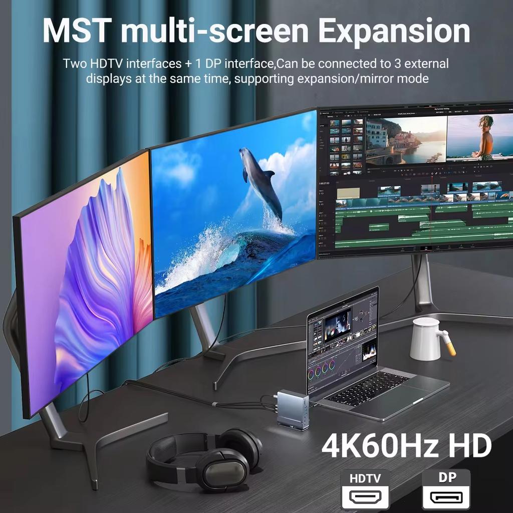 Док-станция 15 в 1 с хабом Type-C 4K@60Hz HDMI DisplayPort USB A RJ45 SD TF Аудио 3,5 мм порт Адаптер для Macbook Pro Ноутбук ПК