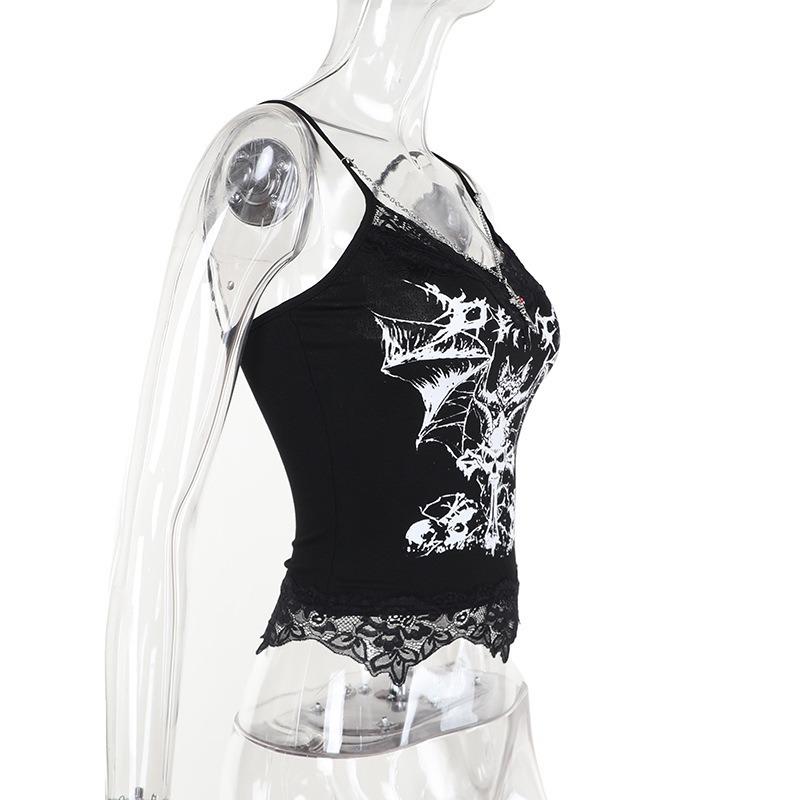 AltGoth Gothic Punk Майки женские Уличная одежда Harajuku Y2k Grunge Graphic Bat Printed Кружевной пэчворк Укороченный топ с цепочкой Femme