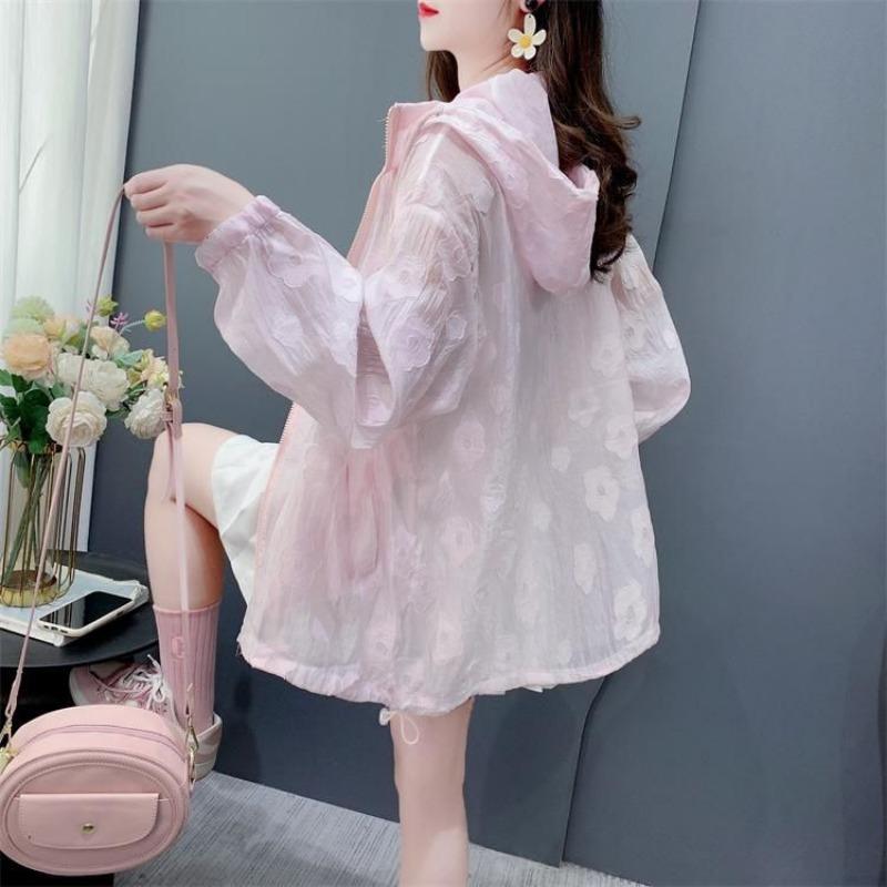 Women Casual Loose Thin Breathable Hooded Sunscreen Cardigan Shirt Outerwear