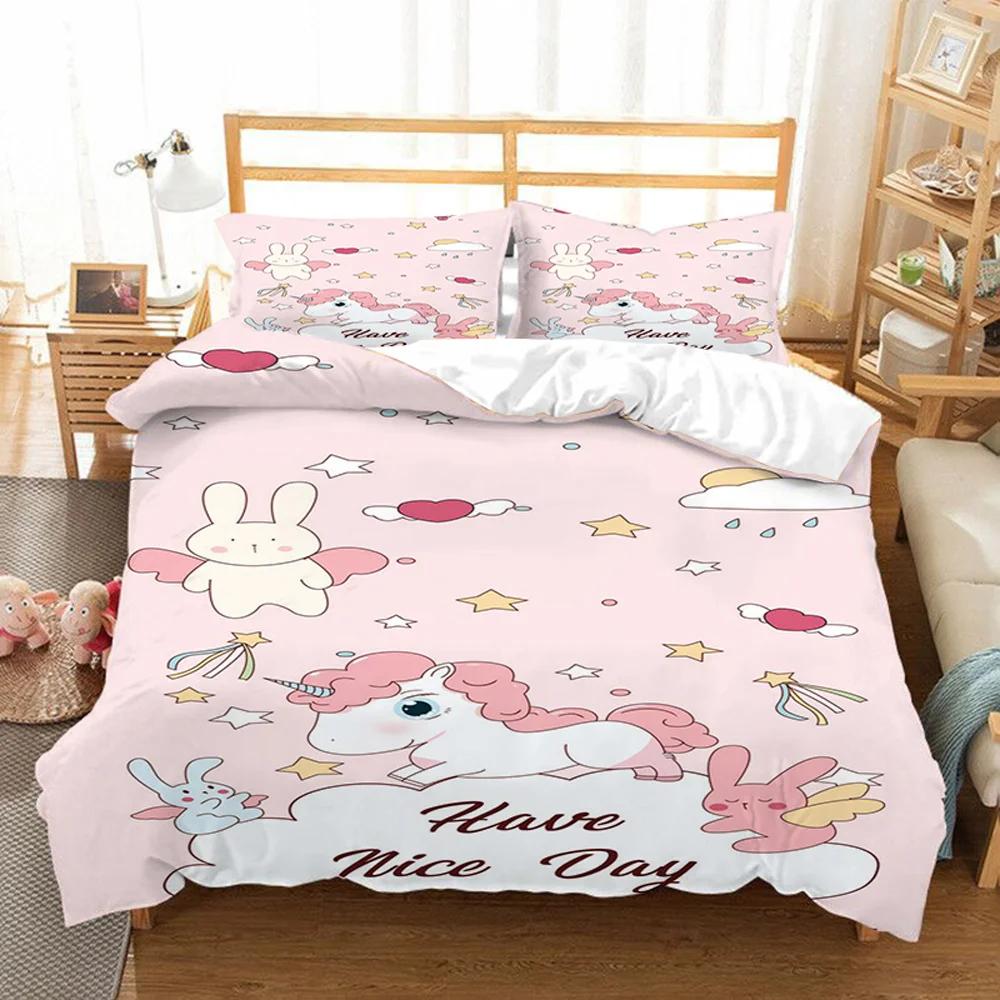 Unicorn Kids Girls Pink 3D Bedding Set Duvet Cover Sale Cartoon Bedcllothes Animal Printed Queen King Size Home Duvet Covers