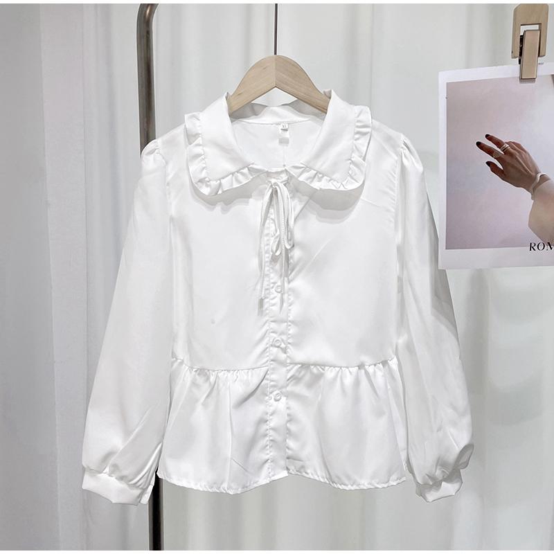 Harajuku Кукольный воротник Белая Милая Рубашка Женская Свободная Милая Шнуровка Французские Топы Женские Осенние Модные Длинные Рукава Однотонные Рубашки Для Женщин
