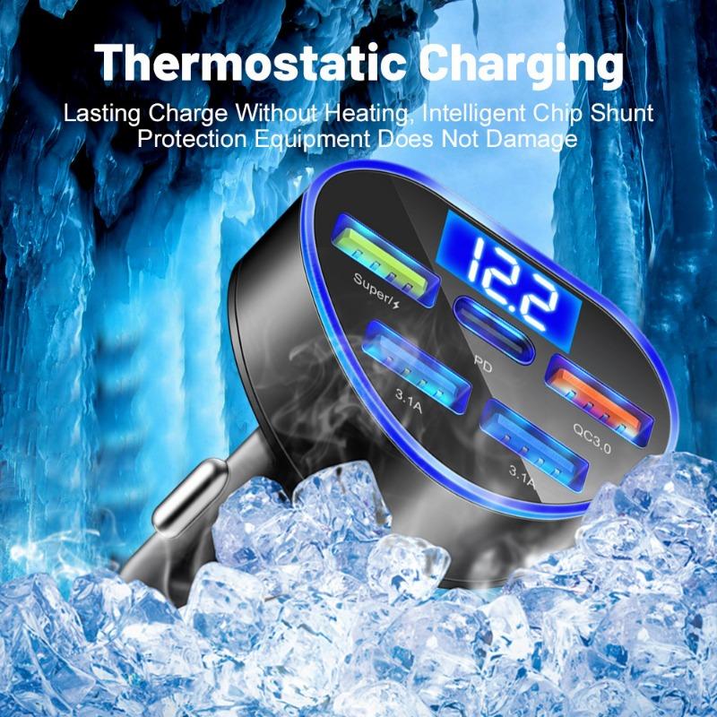 12-24V 5 Ports Car Charger Car Digital Lighter SCP/QC3.0 Super Fast Charging 4USB Phone Charger for IPhone Xiaomi Samsung Huawei