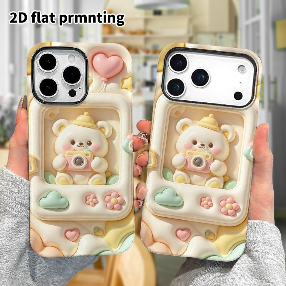 Phone case: 2D flat design suitable for iPhone 18 17 16 15 14 13 Pro protective case, picture frame bear, perfect Christmas and Halloween holiday gift