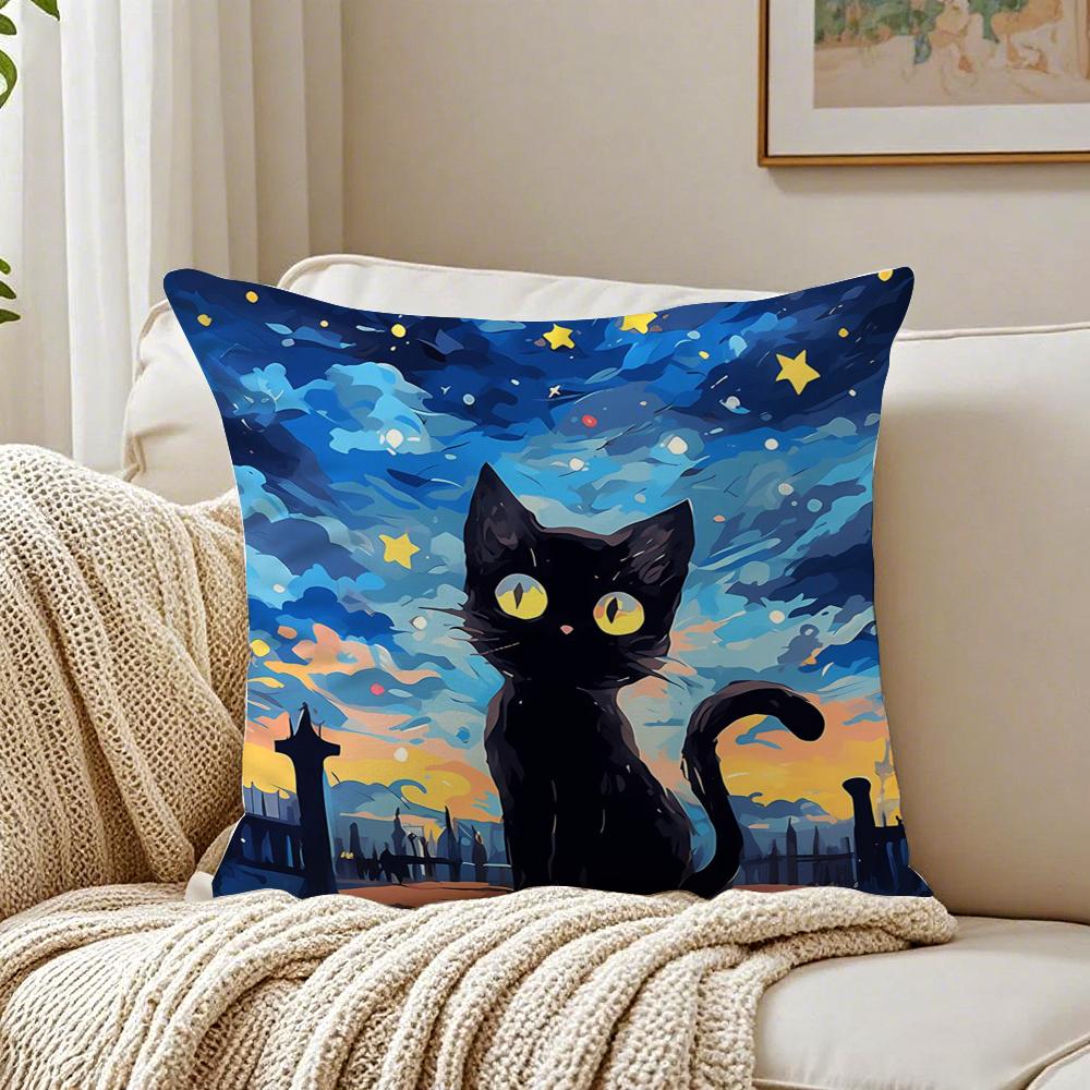 Fashion Casual Starry Sky Art cats Cozy Cushion Cover Linen Pillowcase Soft for Sofa Bed Home Room Decor