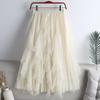 Qooth Summer Long Maxi Skirt Women FCute High-waisted Pleated Kawaii Tulle Skirt Mesh Gauze QT1240