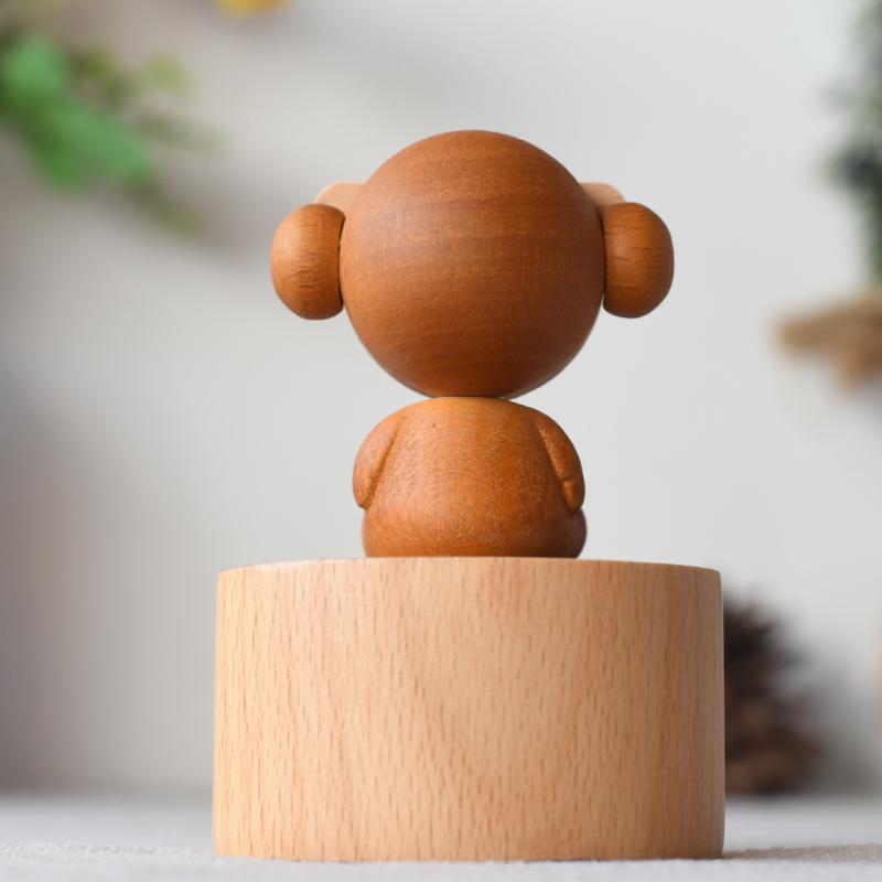 Round Bottom Orangutan Design Rotating Mini Music Boxes Wooden for Decoration Present