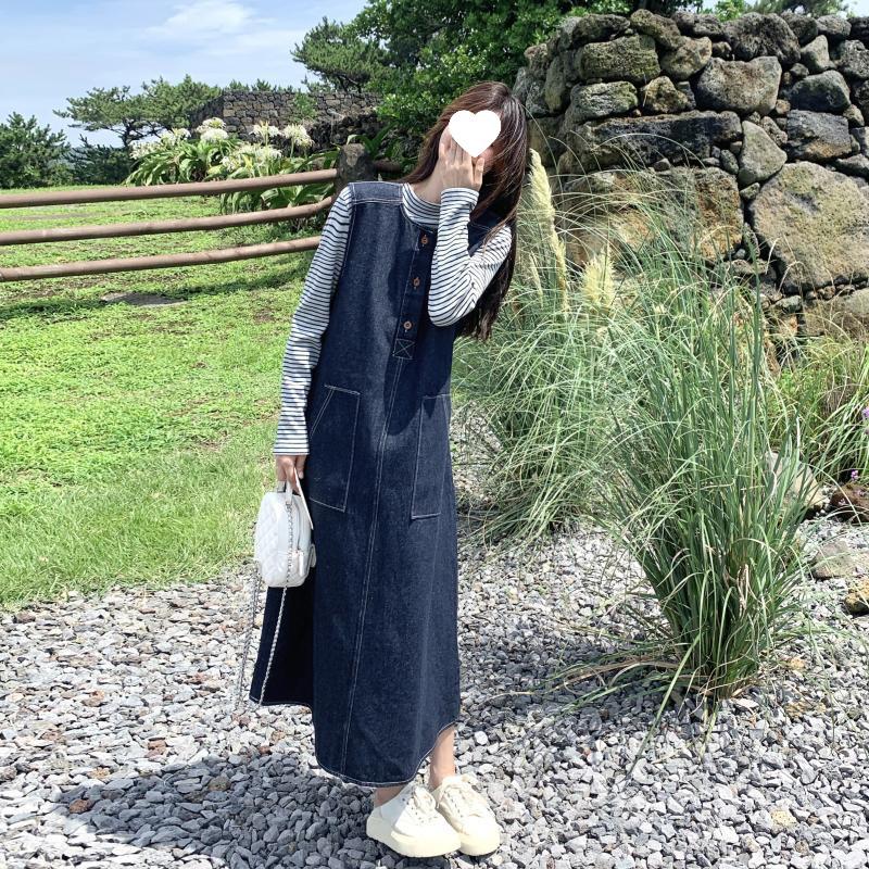 Женский осенний ретро джинсовый жилет и полосатое платье-топ, комплект 2025