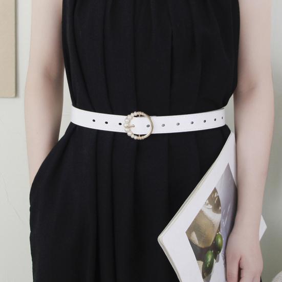 Женский ремень Yousheng из искусственной кожи, украшенный искусственным жемчугом, с пряжкой-булавкой и регулируемыми отверстиями, поясная лента, универсальный модный аксессуар