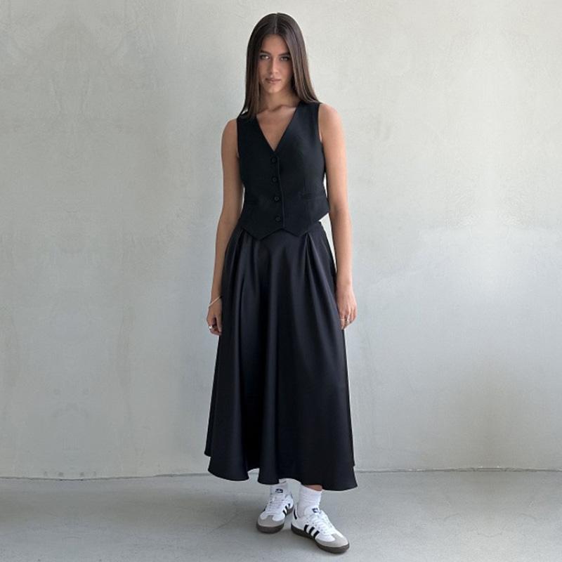 Женская летняя элегантная атласная однотонная юбка с высокой талией, повседневная трапециевидная юбка с оборками