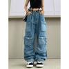 Multi-Pocket Blue Washed Cargo Pants Y2k Retro High Street High Waist Jeans Couple Harajuku Casual Wide Leg Pants