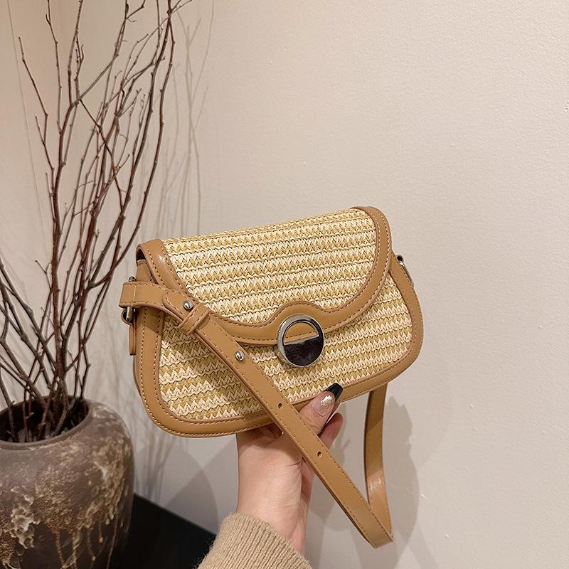 Summer Straw Bag Women's New Trendy Woven Saddle Bag Simple Style Versatile Shoulder Crossbody Beach Bag KTB