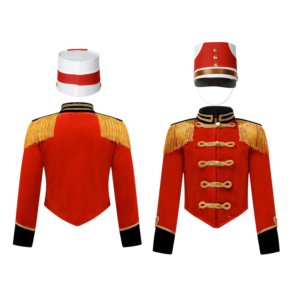 Boys Girls Drum Major Team Uniform Nutcrackers Costume Set Marching Band Tassel Jacket Coat Hat Outfits for Drummer Performance