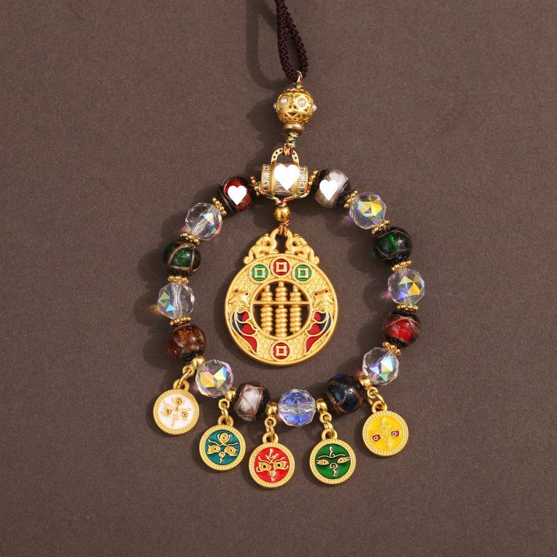 Tibetan Wealth God Zhakila Lhamo Incense Ash Glass Pendant - Five Directions Car Charm, Metal Retro Style